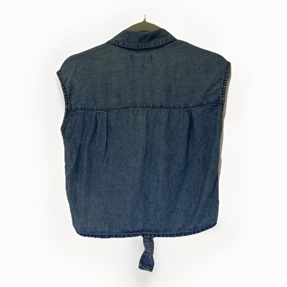 Madewell Denim Blouse Sleeveless XS‎ Blue Button Down Linen Blend Tie Front - Picture 2 of 8